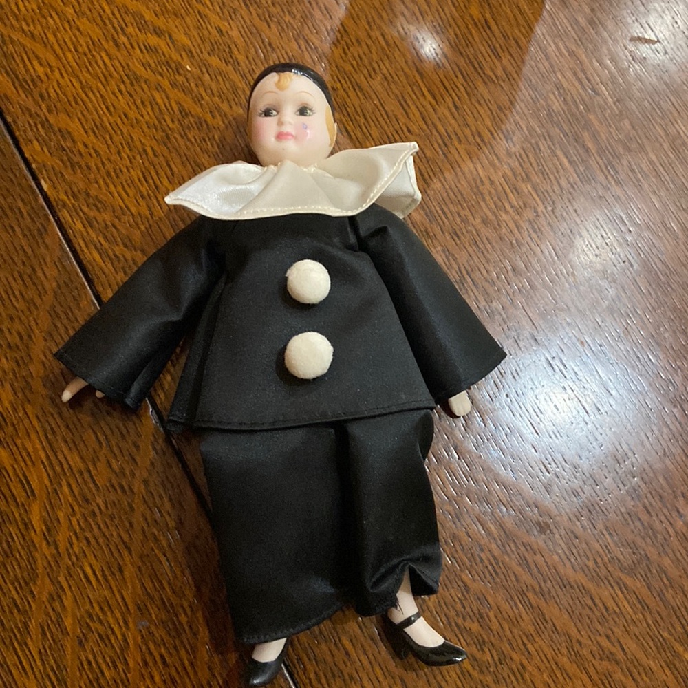Vintage Harlequin Jester Doll Figurine Porcelain head;Joker Clown Black & White